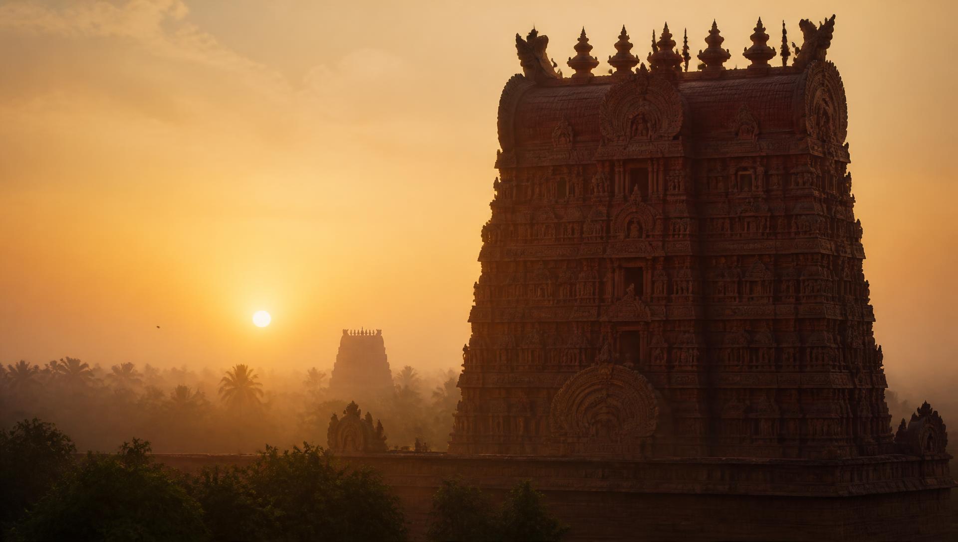 Temple gopuram silhouetted against a golden dawn sky